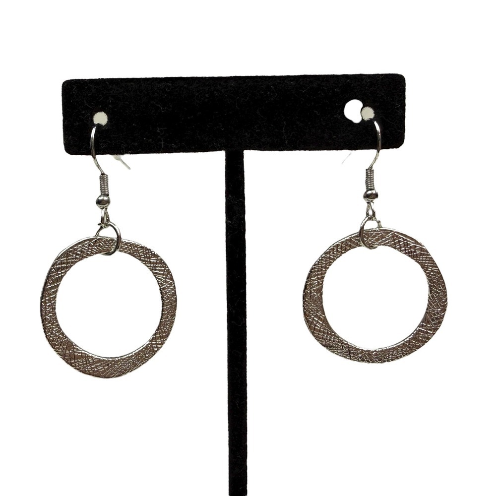 Silver Tone Dangle Drop Hoop Earrings Hook Lobe Textures Fashion Jewelry 2 in